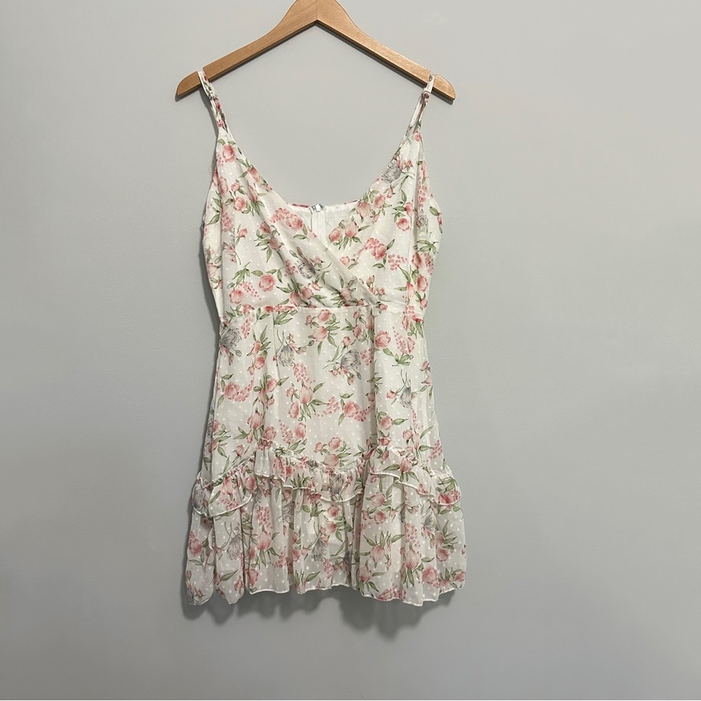 Fanco Floral Ruffle Mini Dress Sleeveless V-Neck White Pink Size Large